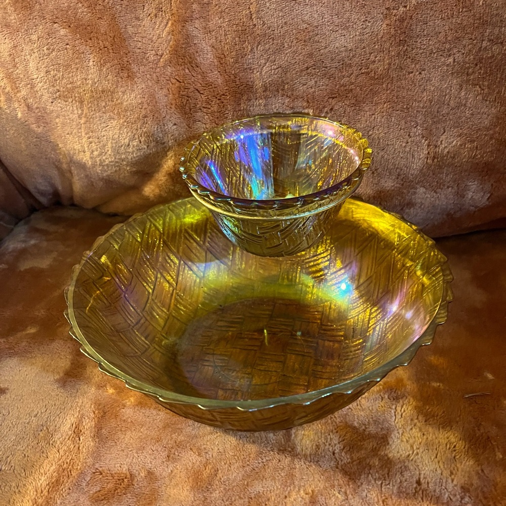 Chip Dip Set Indiana Glass Marigold Carnival Iridescent Golden Tone